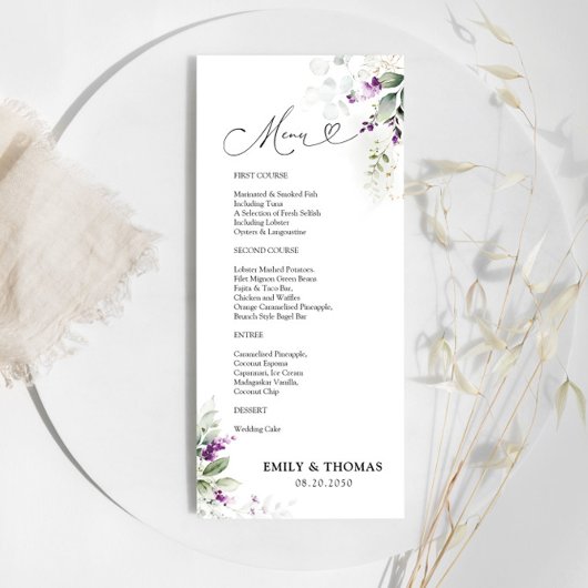 紫色の緑のラベンダー結婚のメニュー メニュー