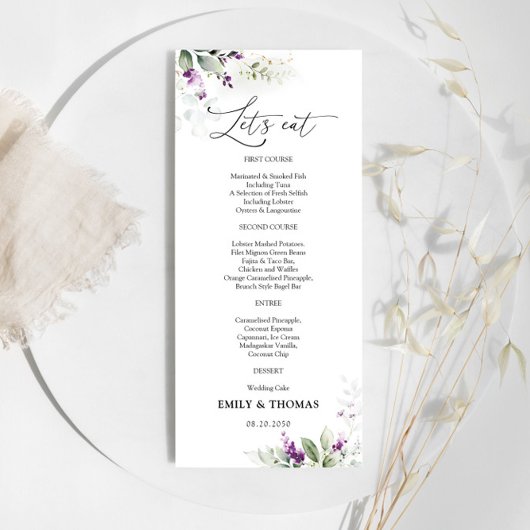 紫色の緑のラベンダー結婚のメニュー メニュー