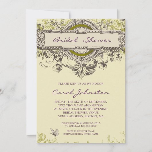 紫色の緑のヴィンテージの花柄のブライダルシャワー 招待状 (正面)