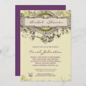 紫色の緑のヴィンテージの花柄のブライダルシャワー 招待状 (正面/裏面)