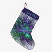 紫色の緑の花の抽象芸術アートフラクタルの自己名 スモールクリスマスストッキング (正面 (吊り時))
