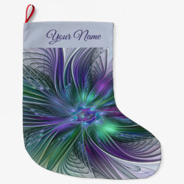 紫色の緑の花の抽象芸術アートフラクタルの自己名 ラージクリスマスストッキング