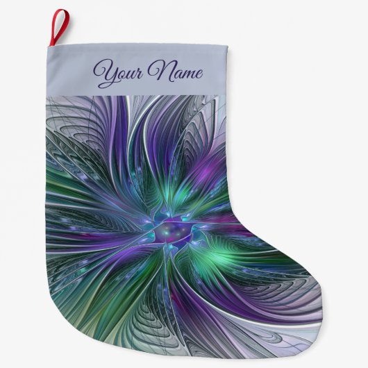 紫色の緑の花の抽象芸術アートフラクタルの自己名 ラージクリスマスストッキング (正面)