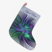 紫色の緑の花の抽象芸術アートフラクタルの自己名 ラージクリスマスストッキング (正面 (吊り時))