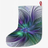 紫色の緑の花の抽象芸術アートフラクタルの自己名 ラージクリスマスストッキング (裏面)