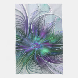 紫色の緑の花の抽象芸術モダンアートフラクタル キッチンタオル