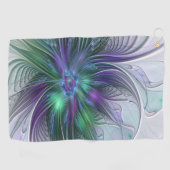 紫色の緑の花の抽象芸術モダンアートフラクタル ゴルフタオル (横)