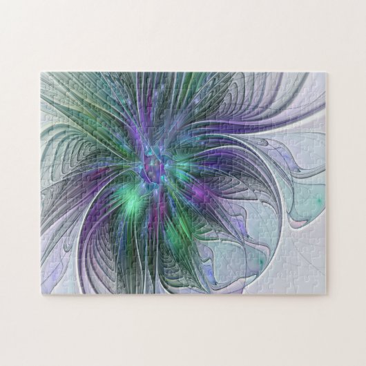 紫色の緑の花の抽象芸術モダンアートフラクタル ジグソーパズル (横)
