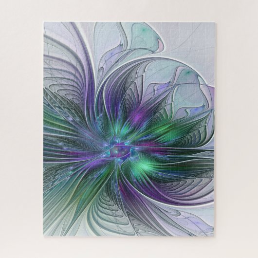紫色の緑の花の抽象芸術モダンアートフラクタル ジグソーパズル (縦)