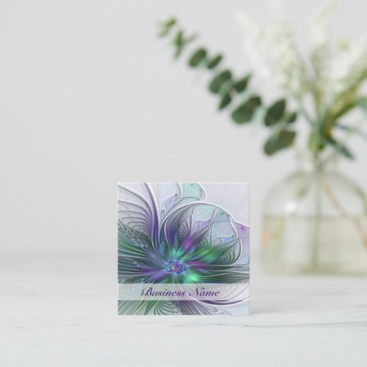 紫色の緑の花の抽象芸術モダンアートフラクタル スクエア名刺 (スタンド正面)