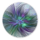 紫色の緑の花の抽象芸術モダンアートフラクタル セラミックノブ (正面)