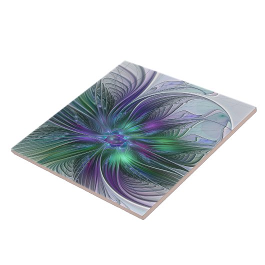 紫色の緑の花の抽象芸術モダンアートフラクタル タイル (側面)