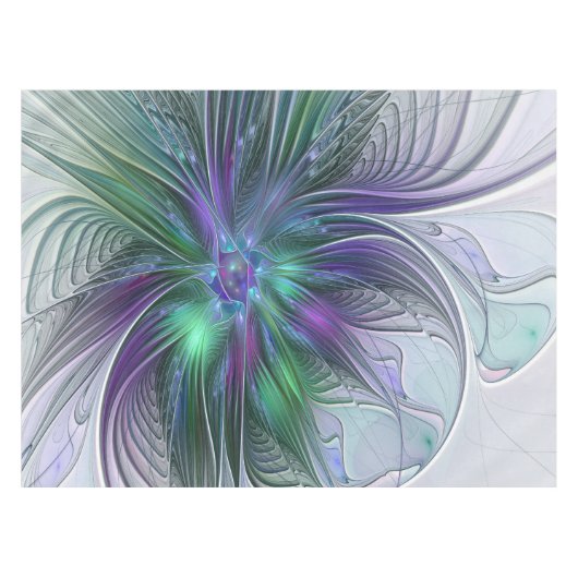 紫色の緑の花の抽象芸術モダンアートフラクタル テーブルクロス (正面(横))