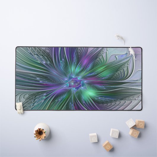 紫色の緑の花の抽象芸術モダンアートフラクタル デスクマット (キッズテーブル)