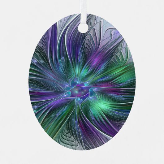 紫色の緑の花の抽象芸術モダンアートフラクタル メタルオーナメント (正面)