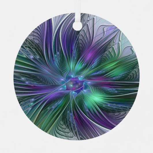 紫色の緑の花の抽象芸術モダンアートフラクタル メタルオーナメント (正面)