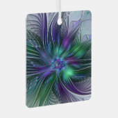 紫色の緑の花の抽象芸術モダンアートフラクタル メタルオーナメント (正面右)