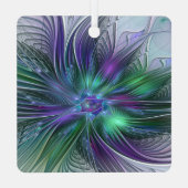 紫色の緑の花の抽象芸術モダンアートフラクタル メタルオーナメント (裏面)