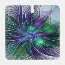 紫色の緑の花の抽象芸術モダンアートフラクタル メタルオーナメント