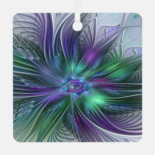 紫色の緑の花の抽象芸術モダンアートフラクタル メタルオーナメント (正面)