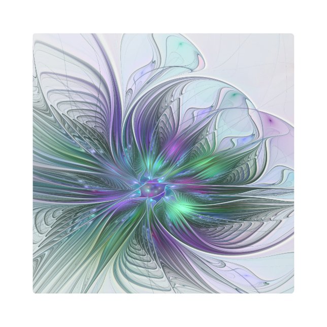紫色の緑の花の抽象芸術モダンアートフラクタル メタルプリント (正面)