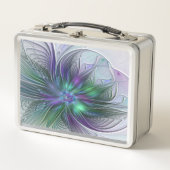 紫色の緑の花の抽象芸術モダンアートフラクタル メタルランチボックス (正面)
