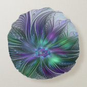紫色の緑の花の抽象芸術モダンアートフラクタル ラウンドクッション (裏面)