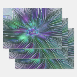 紫色の緑の花の抽象芸術モダンアートフラクタル ラッピングペーパーシート