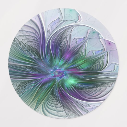 紫色の緑の花の抽象芸術モダンアートフラクタル ラベル (デザイン1)