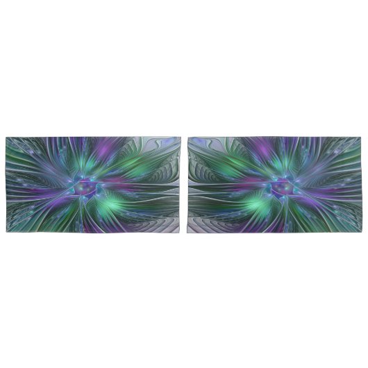 紫色の緑の花の抽象芸術モダンアートフラクタル 枕カバー (正面-セット)