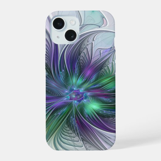 紫色の緑の花の抽象芸術モダンアートフラクタル iPhone 15ケース (裏面)