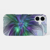 紫色の緑の花の抽象芸術モダンアートフラクタル iPhone 16ケース (裏面横)