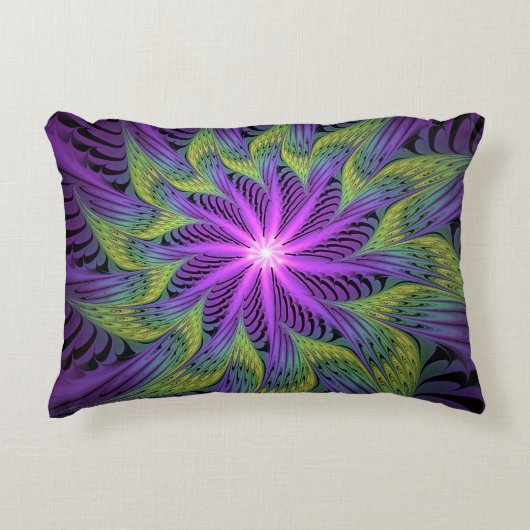 紫色の緑の花モダン抽象芸術フラクタル アクセントクッション (正面)