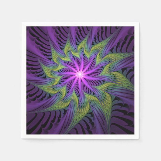 紫色の緑の花モダン抽象芸術フラクタル スタンダードカクテルナプキン (正面)