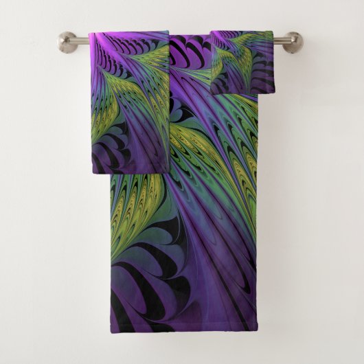 紫色の緑の花モダン抽象芸術フラクタル バスタオルセット (インサイチュ)