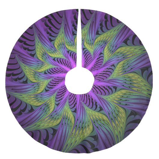 紫色の緑の花モダン抽象芸術フラクタル ブラッシュドポリエステルツリースカート (正面)