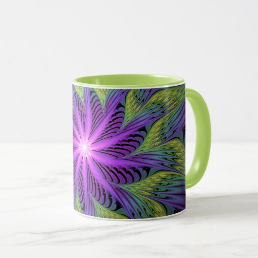 紫色の緑の花モダン抽象芸術フラクタル マグカップ (正面右)