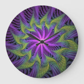 紫色の緑の花モダン抽象芸術フラクタル ラージ壁時計 (正面)