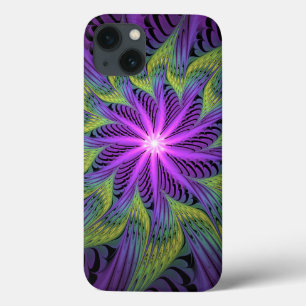 紫色の緑の花モダン抽象芸術フラクタル iPhone 13ケース