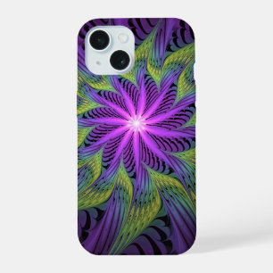 紫色の緑の花モダン抽象芸術フラクタル iPhone 15ケース
