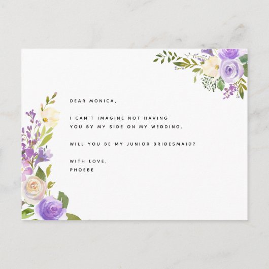 紫色の緑の草木の花柄は私の後輩の新婦付添人です インビテーションポストカード (裏面)