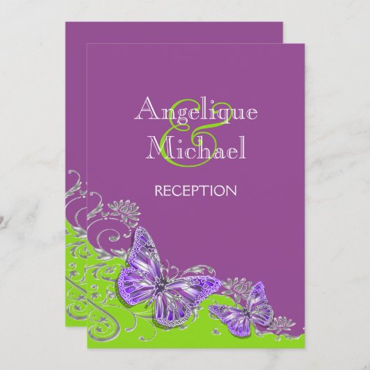 紫色の緑の銀製結婚式の婚約 招待状 (正面/裏面)