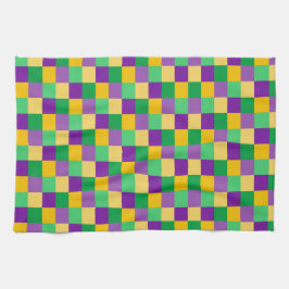 紫色の緑の黄色のマルディグラスチェックパターン キッチンタオル