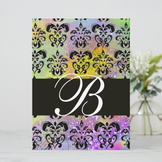 紫色の緑の黄色の黒のダマスクモノグラム、白 招待状 (スタンド正面)