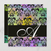 紫色の緑の黄色の黒のダマスクモノグラム、白 招待状 (正面/裏面)