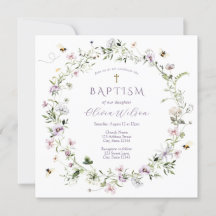 紫色の繊細なワイルドフラワーバプテスマ招待状