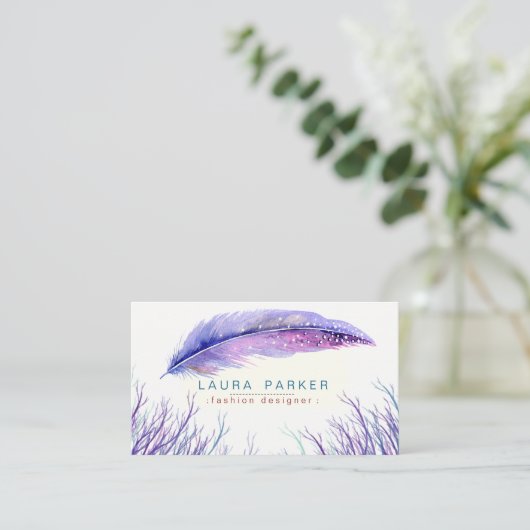 紫色の羽の水彩画のBohoのガーリーな上品 名刺 (スタンド正面)