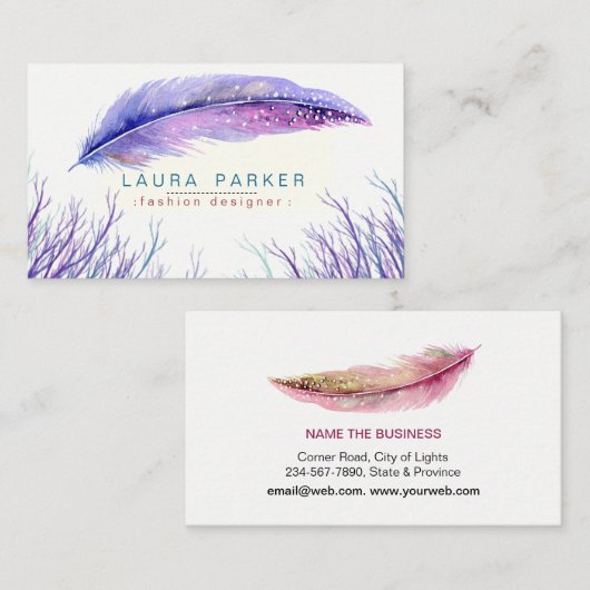 紫色の羽の水彩画のBohoのガーリーな上品 名刺 (正面/裏面)