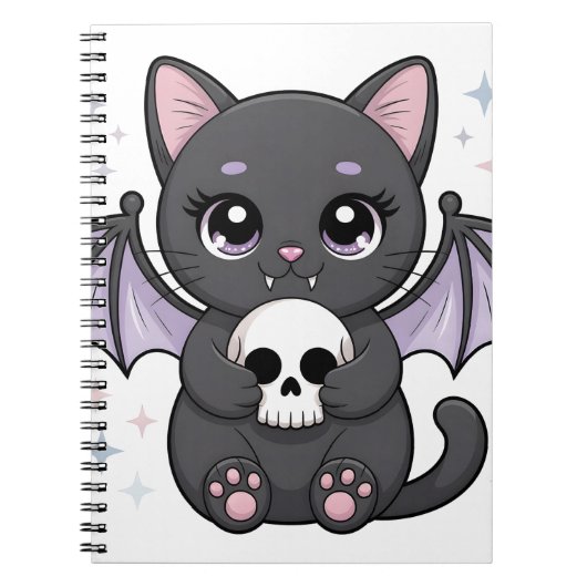 紫色の羽を持つ黒猫がドクロを抱っこ ノートブック (正面)