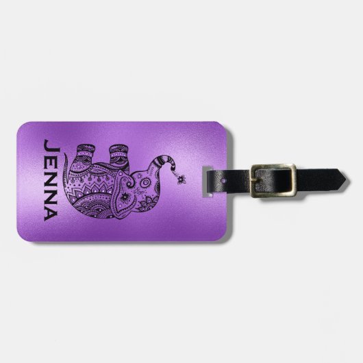 紫色の背景とかわいい部族フローラゾウ ラゲッジタグ (正面横)